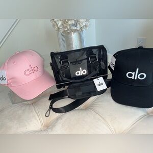 Alo mesh mini duffle crossbody and 2 hats